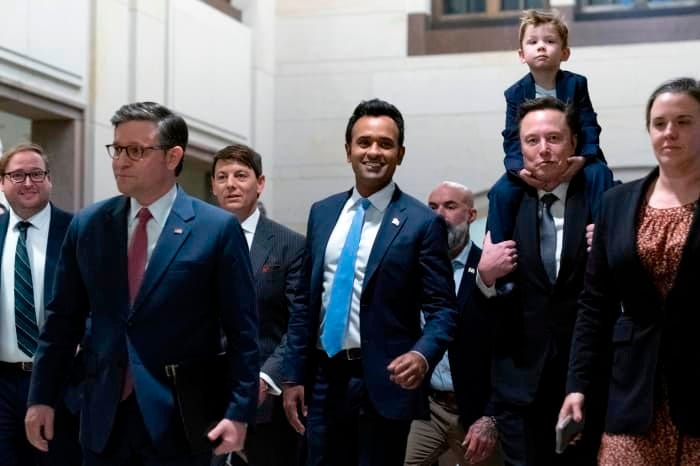 House Speaker Mike Johnson, Vivek Ramaswamy and Elon Musk on Capitol Hill on Thursday.