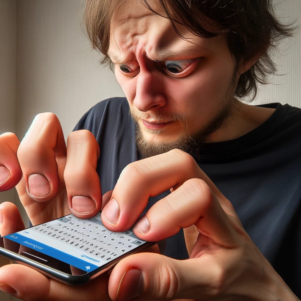 A person with notably large fingers is attempting to type on a small smartphone, visibly struggling to press the correct keys. The person's expression shows mild frustration and focus. The smartphone screen displays a partially typed, slightly jumbled text message, indicating the difficulty in precise typing. The background is a simple, nondescript room.