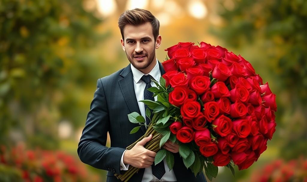 A handsome man in a suit carrying a huge bouquet of red roses. 