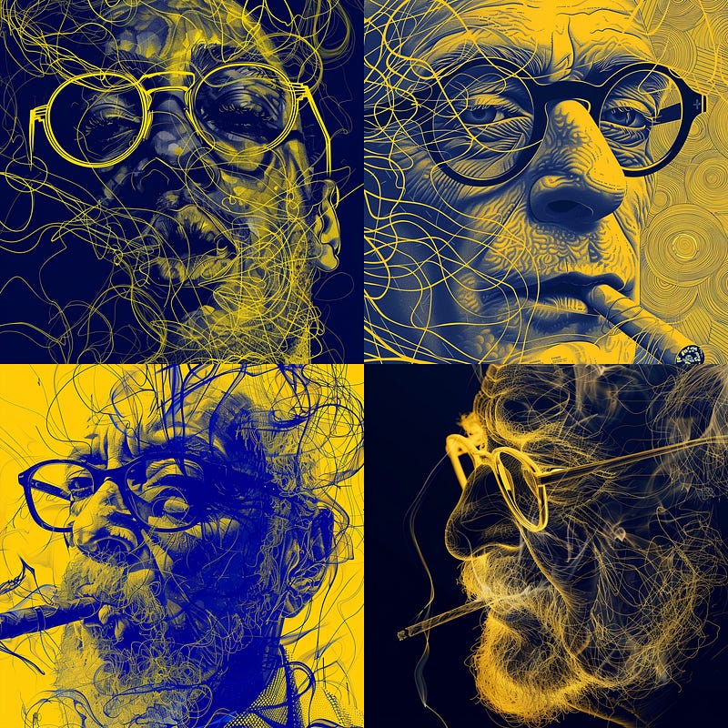 Photographic portrait of man with glasses, cigar and smoke, in yellow and dark blue tones
