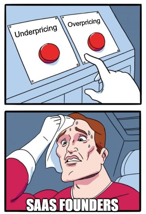 Meme showing a sweating SaaS founder torn between pressing an "Underpricing" or "Overpricing" button, highlighting pricing struggles Meme showing a sweating SaaS founder torn between pressing an "Underpricing" or "Overpricing" button, highlighting pricing struggles