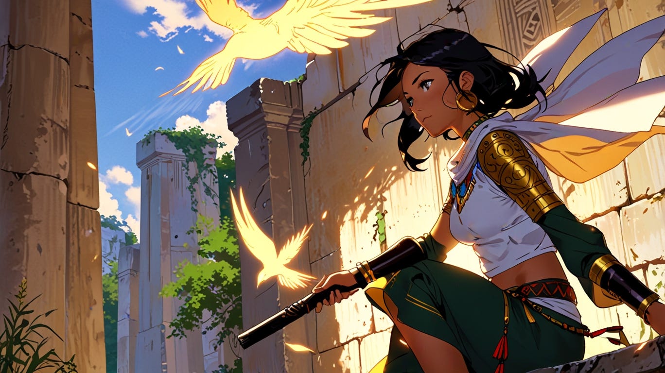 ilustración estilo manga de una heroina sentada de una cornisa rodeada por aves mágicas