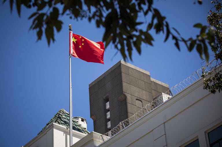 The flag of the People’s Republic of China flies in the wind above the Consulate General of the People’s Republic of China in San Francisco, California on July 23, 2020. Philip Pacheco/AFP via Getty Images