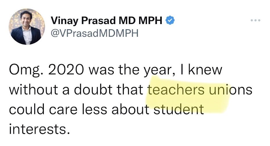 Prasad tweets: "Omg. 202 was the year I knew without a doubt that teachers unions could care less about student interests."
