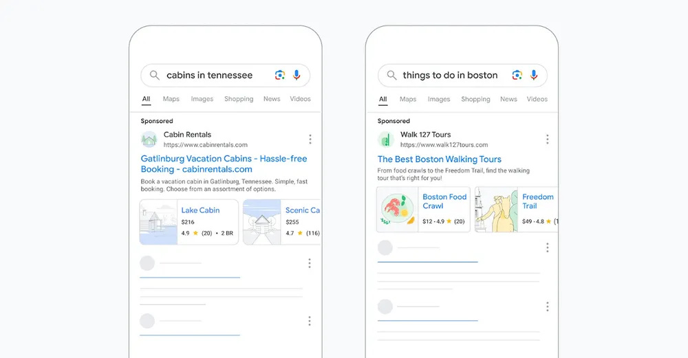 Ads shown for the queries "Cabins in Tennessee" and "Things to do in Boston" showcase prices and other helpful feed data.