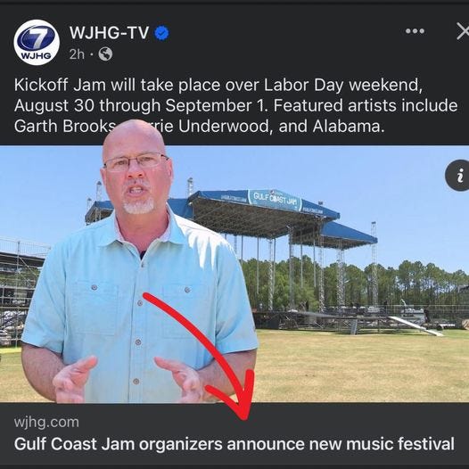 May be an image of 1 person and text that says 'WJHG WJHG-TV 2h Kickoff Jam will take place over Labor Day weekend, August 30 through September 1. Featured artists include Garth Brooks rie Underwood, and Alabama. CИPMRbl GULFC GULFCBSTJAM GULF i wjhg.com .com Gulf Coast Jam organizers announce new music festival'
