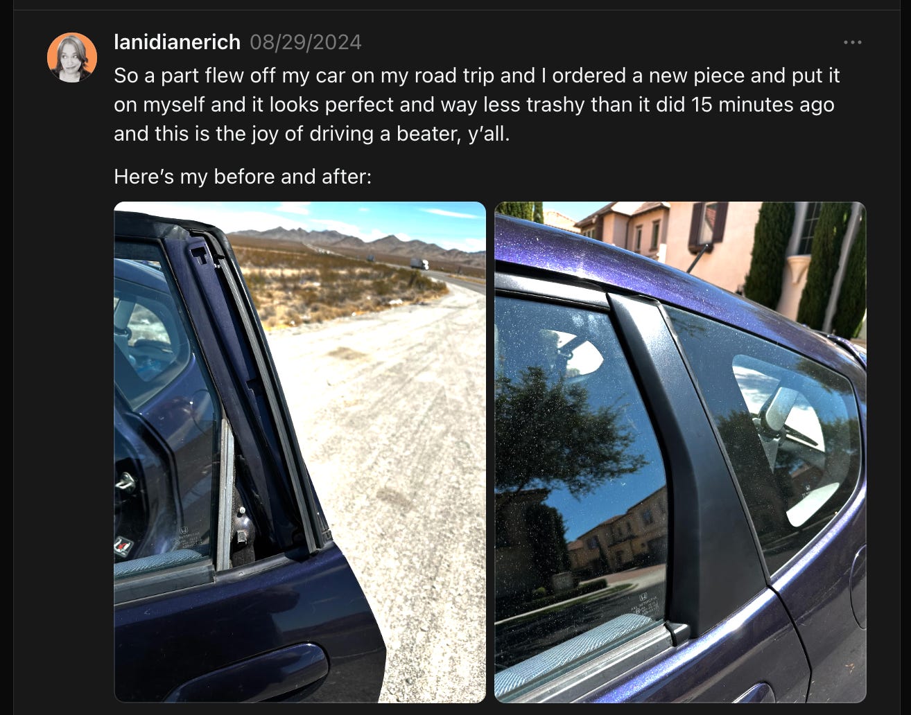 A screenshot of a social media post where I showed the before and after when my pillar garnish--which is a plastic covering on the edge of the car window--flew off and then after I replaced it all by myself. I was very proud.