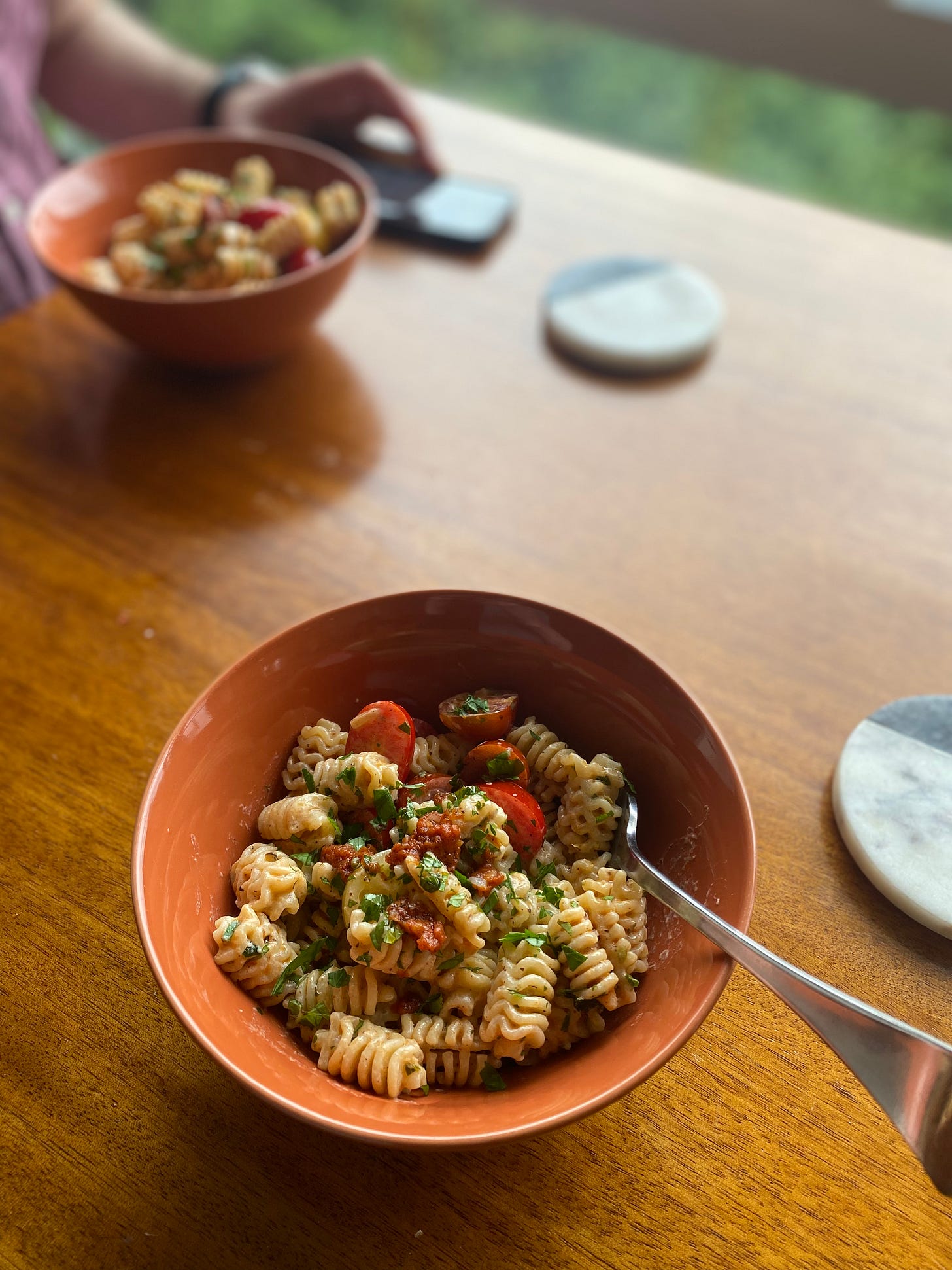 Radiatore in the yogurt and brown butter sauce described above. The top is drizzled with some of the brown butter and sprinkled with parsley.