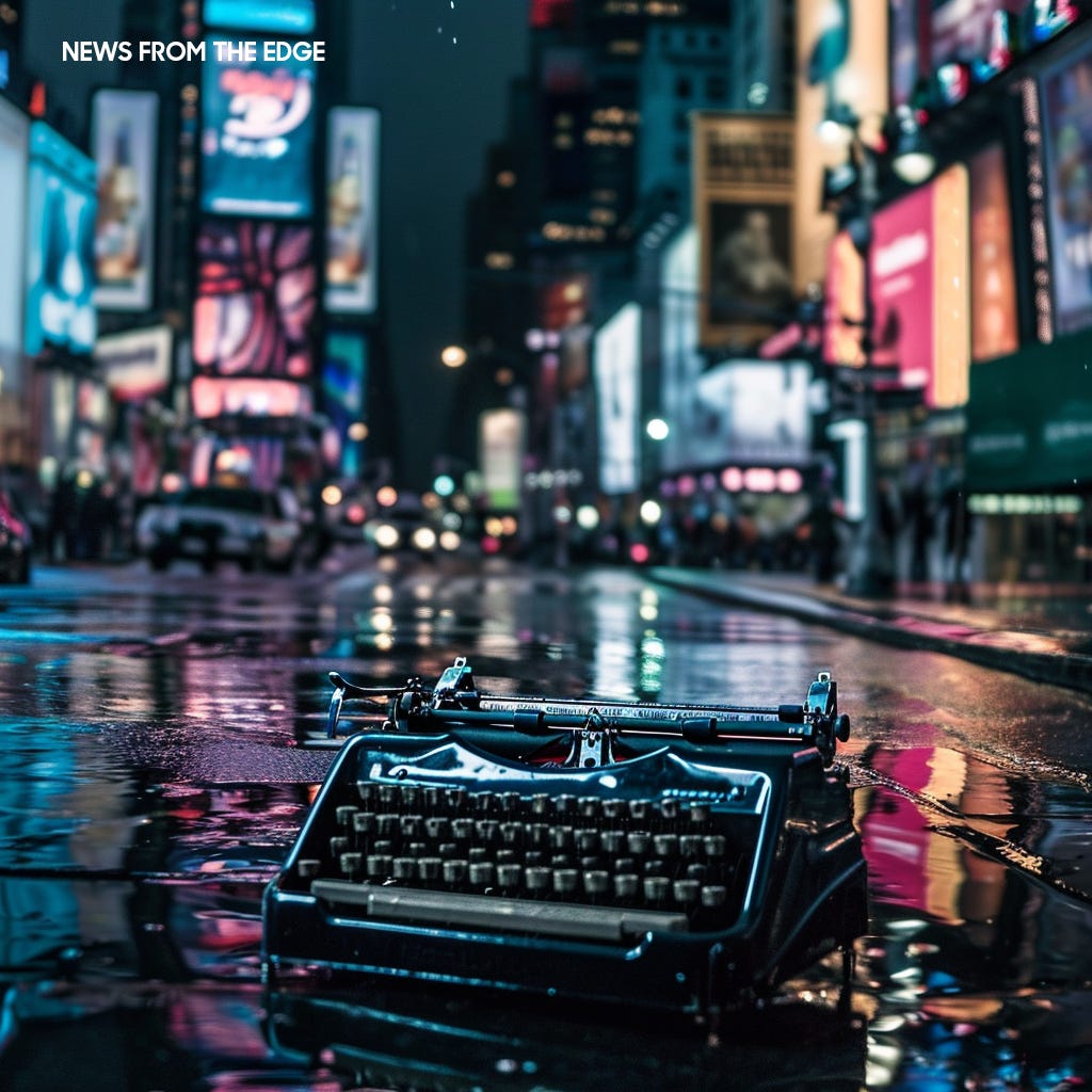 A typewriter in the middle of Times Square at night