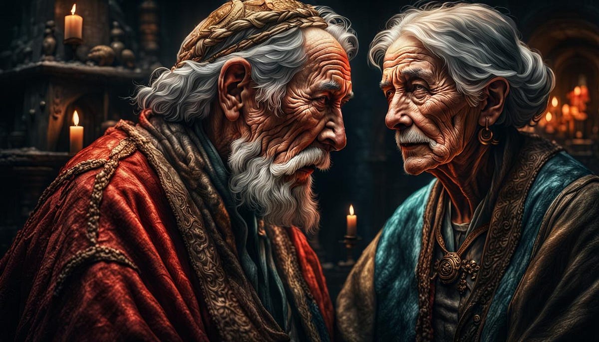 Two lovers in old age, 18th century dress