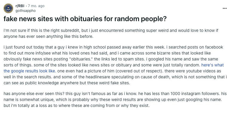 reddit post on fake news sites with obituaries