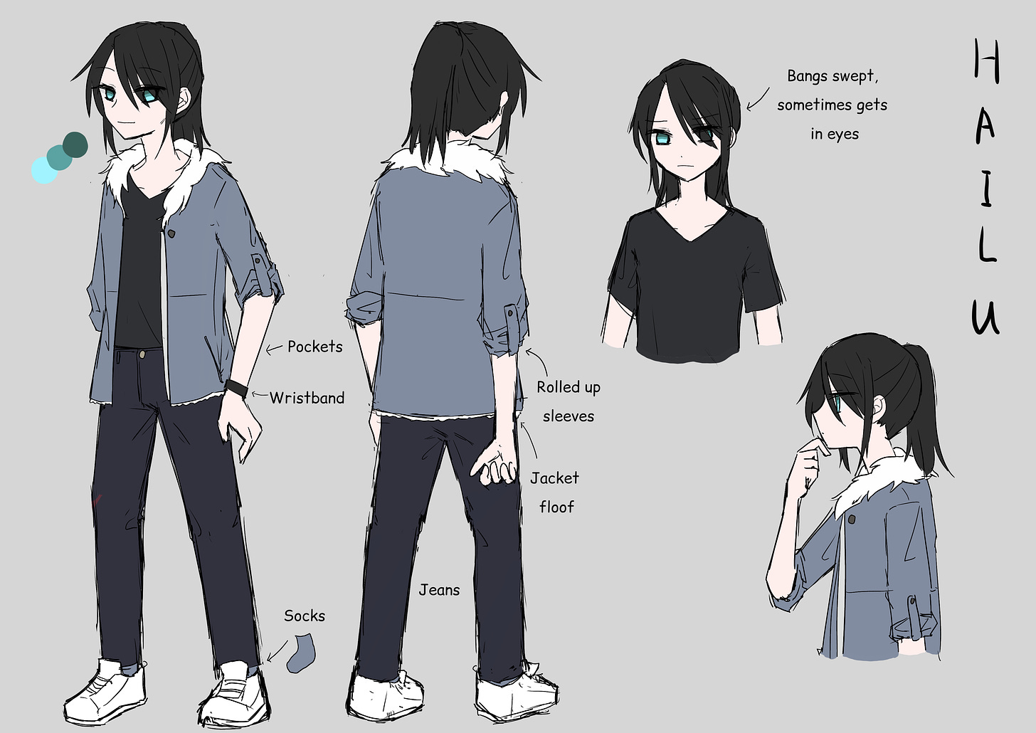 Character design sheet of Hailu: a girl with black hair in a ponytail, blue-green eyes. She is wearing a jacket with fur lining, sleeves rolled up midway. Underneath the jacket, which is open, she is wearing a black T shirt, dark blue jeans, and white sneakers.