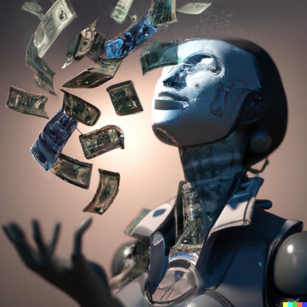“an artificial intelligence with dollars flying out of it, digital art” / DALL-E