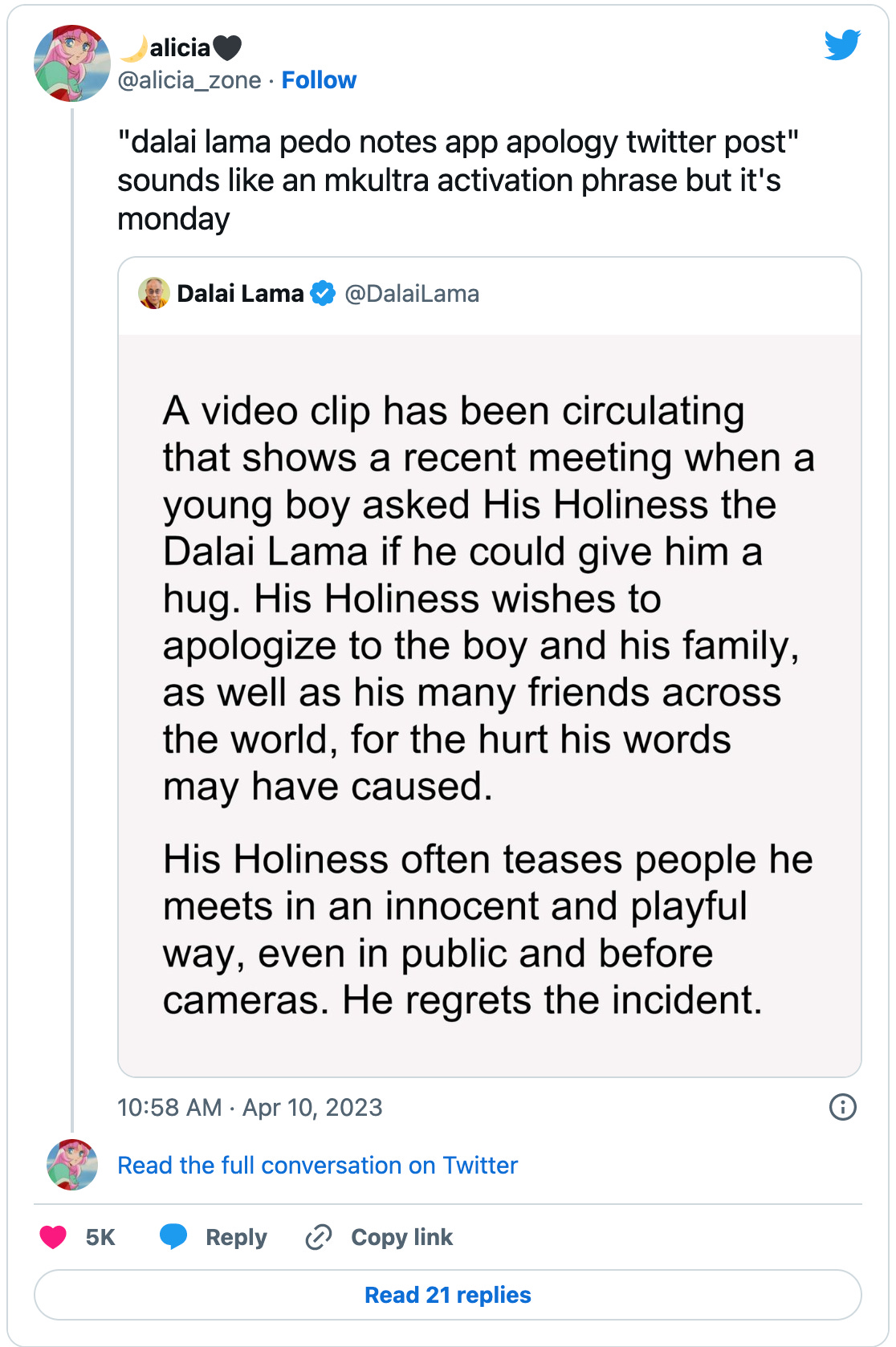 Tweet by @alicia_zone: “"dalai lama pedo notes app apology twitter post" sounds like an mkultra activation phrase but it's monday”