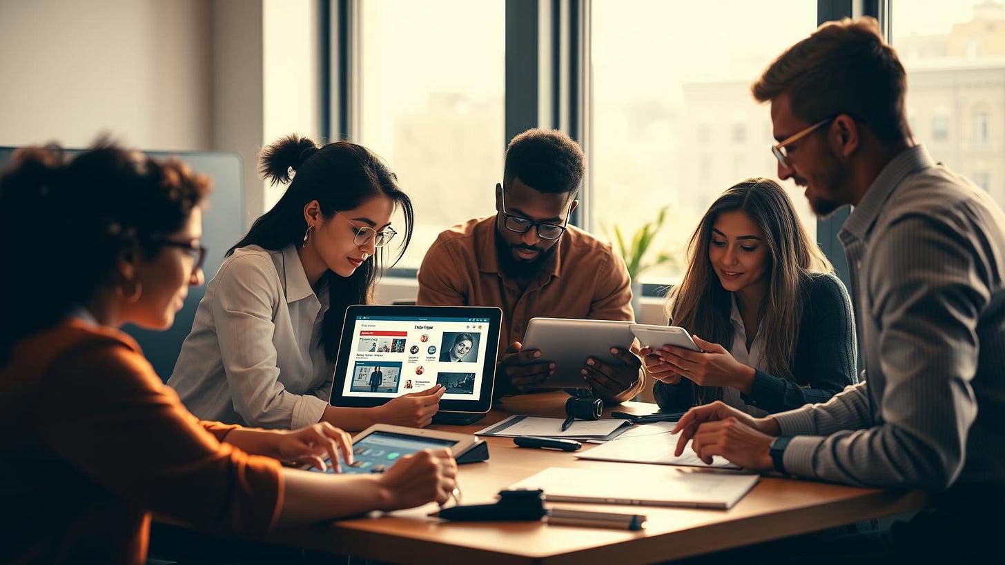 People of different races collaborate using tech devices around a table, in an office setting with a window in the background