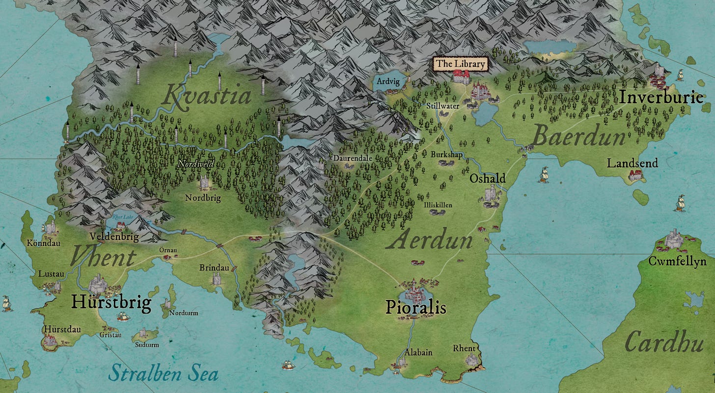 Map of Vhent, Kvastia, and the Twin Kingdoms: Aerdun and Baerdun