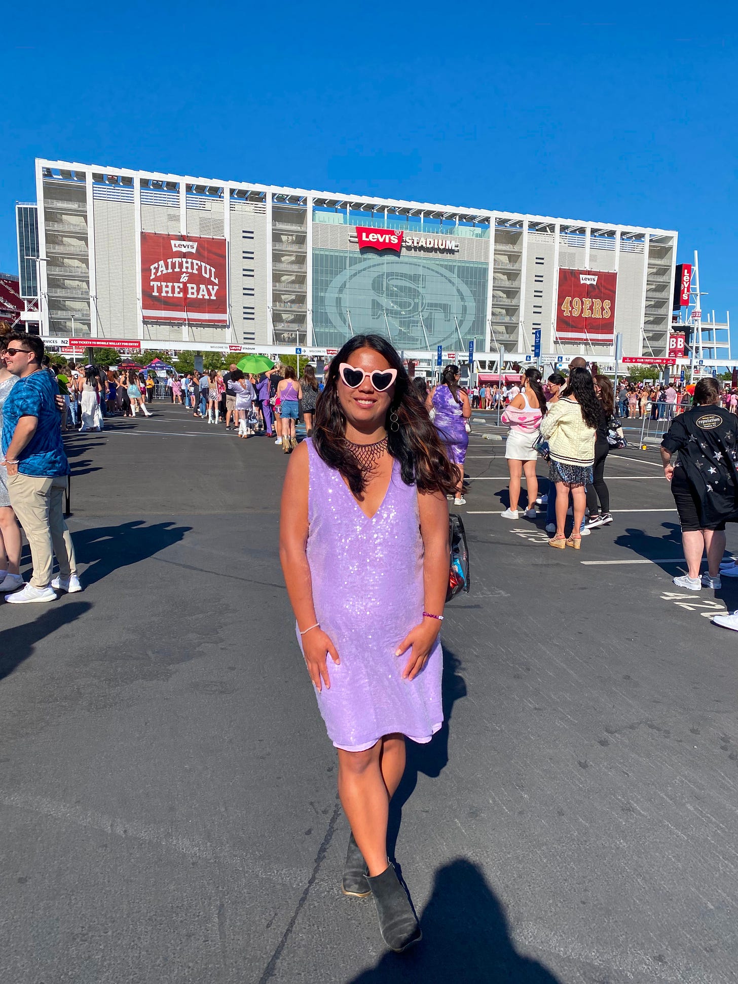 Me in a lavender sparkly dress outside of Levi's Stadium for Taylor Swift's concert