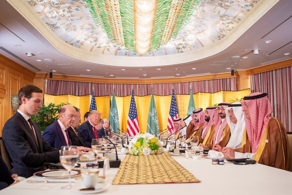 Jared Kushner, and Saudi Arabia's Minister of State for Foreign Affairs Adel al-Jubeir are seen as U.S. President Donald Trump holds a working breakfast meeting with Saudi Arabia's Crown Prince Mohammed bin Salman during the G20 leaders summit in Osaka, Japan, June 29, 2019. 