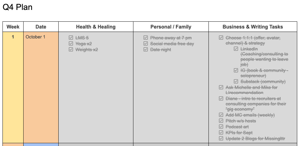 Quarterly plan for 1 week in October with health, personal, and business tasks