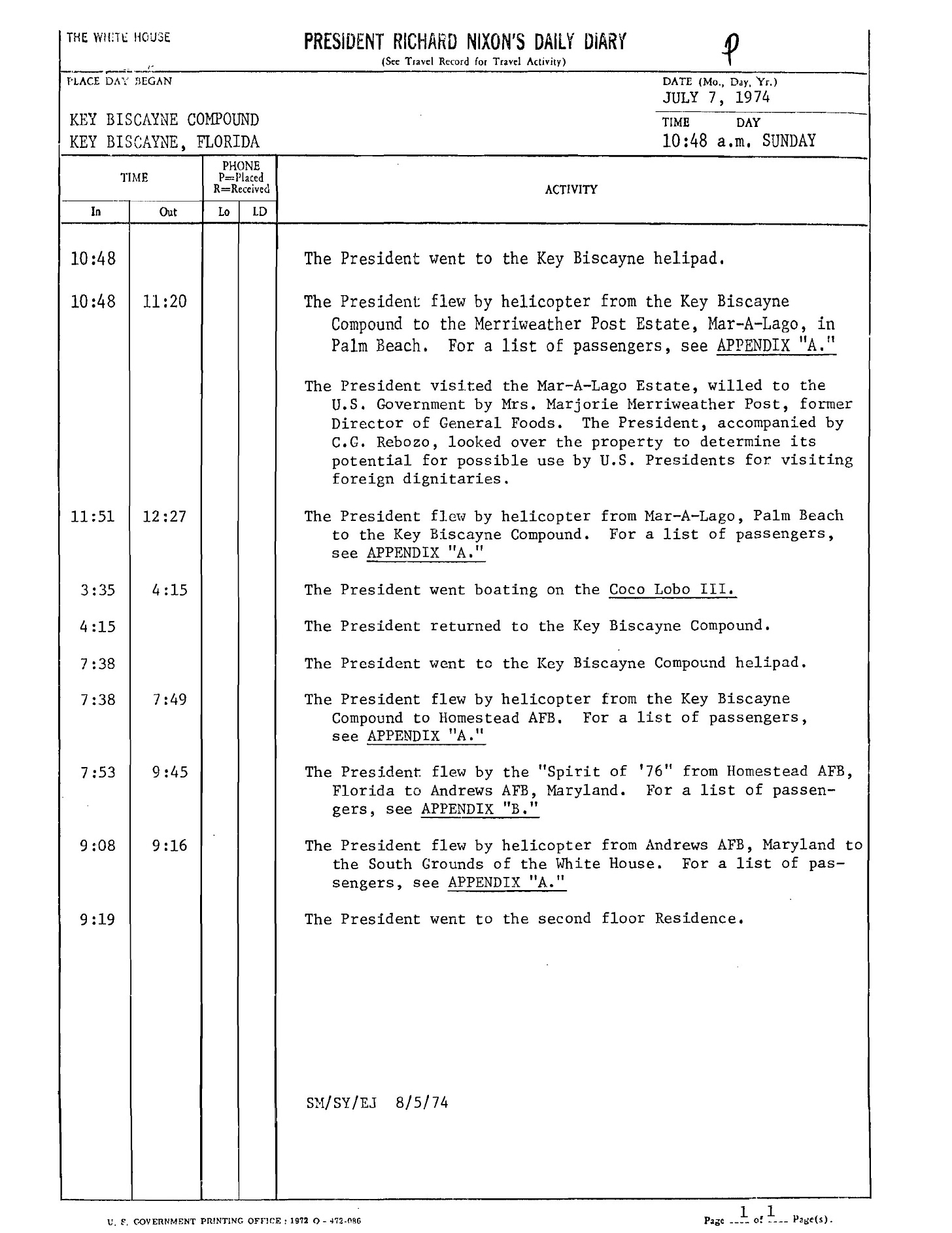 A page from Richard Nixon's Daily Diary on July 7, 1974, the day he visited Mar-a-Lago.