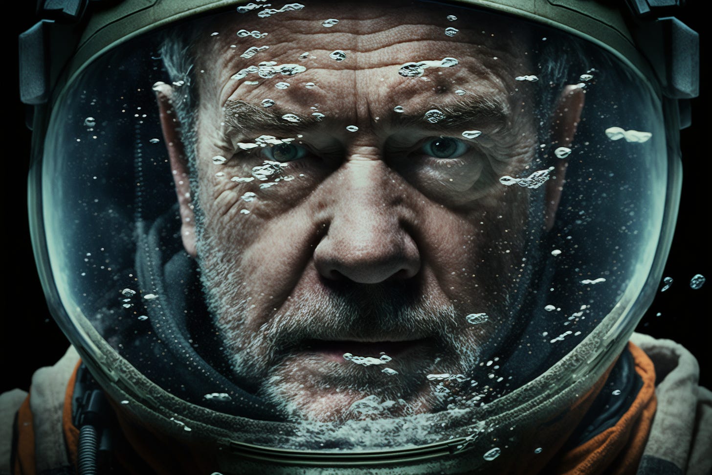 An older, hard-boiled astronaut stars into the camera. We don’t see what he’s looking at but his gaze is fixed and intense.