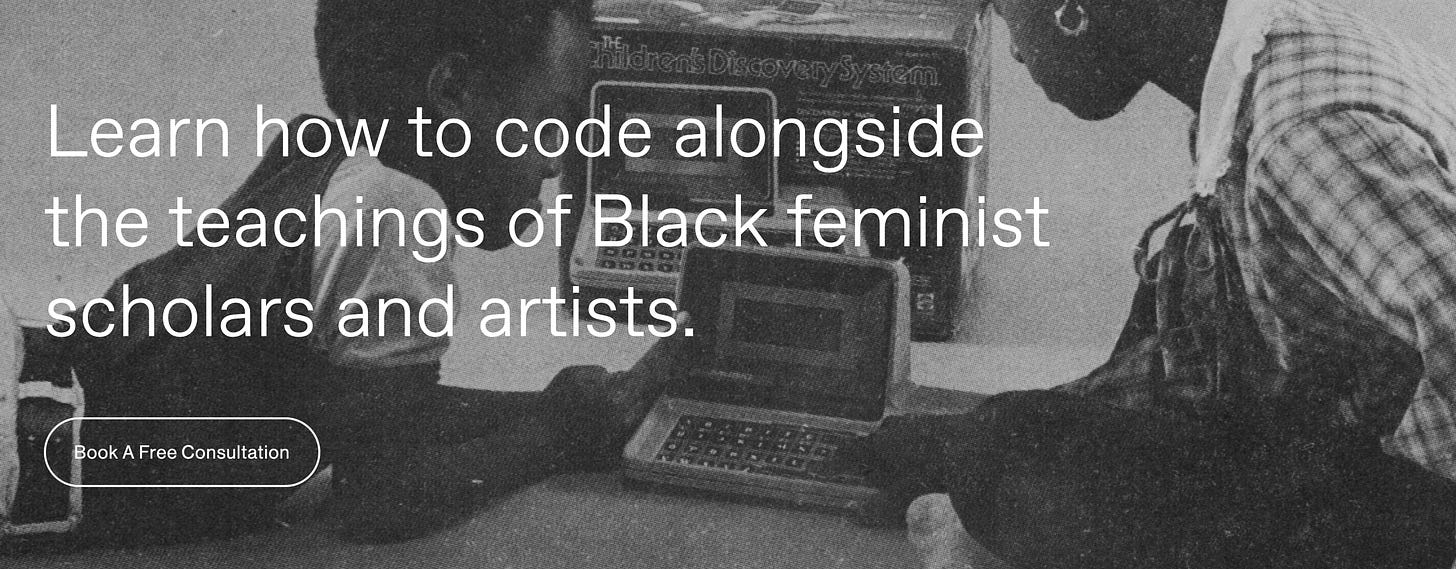 A screen shot from the Seeda School website coaching page with title "Learn how to code alongside the teachings of Black feminist scholars and artists" above a button reading "Book A Free Consultation" with two black kids in the background playing with a computer.