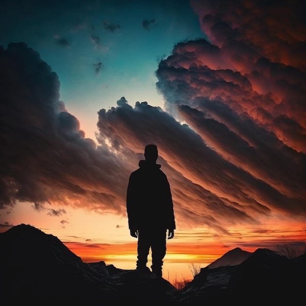 Premium Photo | A man stands on a hill looking at the sunset