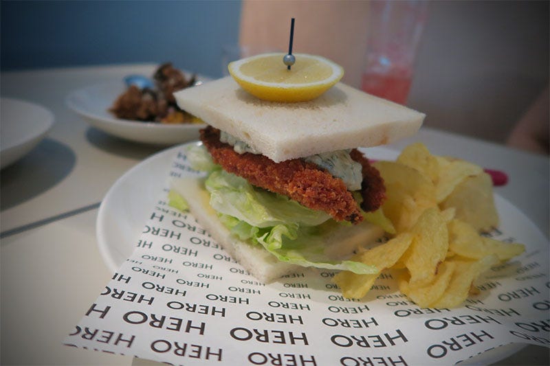 Crumbed fish sandwich from HERO ACMI in Melbourne.