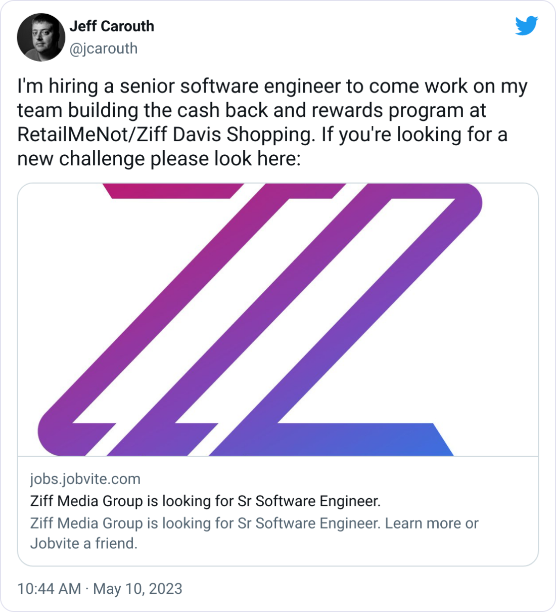  Jeff Carouth @jcarouth I'm hiring a senior software engineer to come work on my team building the cash back and rewards program at RetailMeNot/Ziff Davis Shopping. If you're looking for a new challenge please look here: