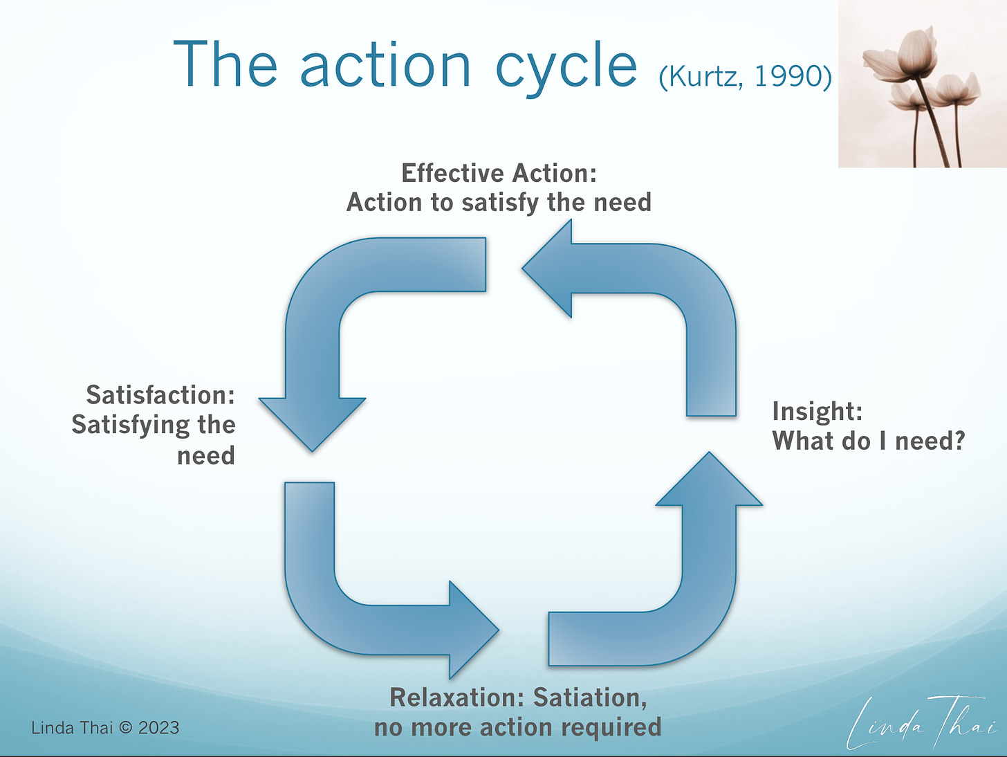 The Action Cycle (Kurtz): 1. What Do I Need? 2. Action to satisfy the need, 3. Satisfying the need, 4. Relaxation