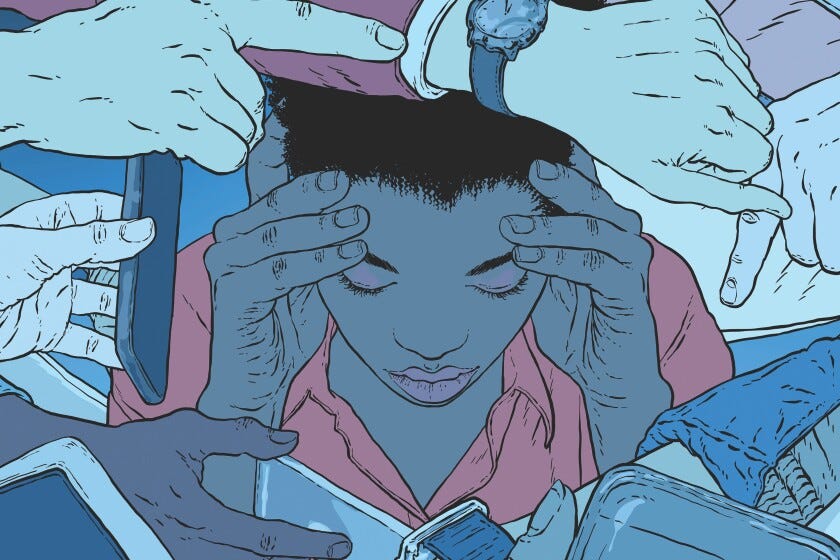 illustration of a stressed out woman with hands to her head being pestered by demanding hands