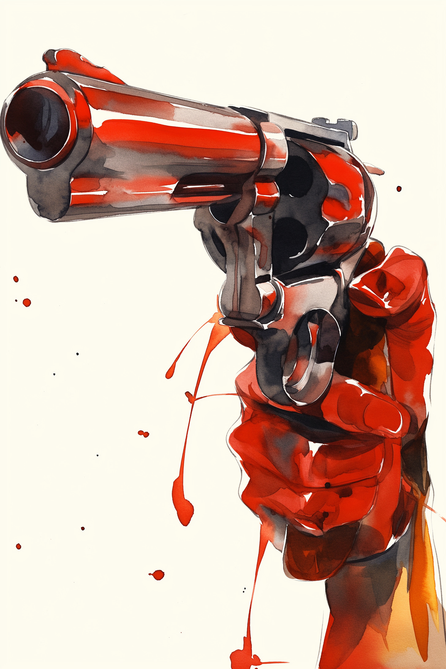 Stylized illustration of a revolver being held, pointing directly at the viewer. The gun and hand are rendered in bold strokes of red and black, creating a stark, high-contrast image. Drips and splatters of red paint suggest blood, adding a visceral element to the artwork. The composition is dramatic, with the gun barrel dominating the foreground. The art style blends realism with expressive, almost abstract elements, emphasizing the emotional impact over strict realism. The limited color palette of red, black, and white intensifies the sense of threat and urgency. This image powerfully relates to the theme of how autists experience time, as expressed in "Every Clock is a Handgun Pointed at My Head." It visually represents the intense, often overwhelming pressure of time and societal expectations that many autistic individuals feel. The gun serves as a metaphor for the constant, looming threat of time, deadlines, and the demand to conform to neurotypical time perception.