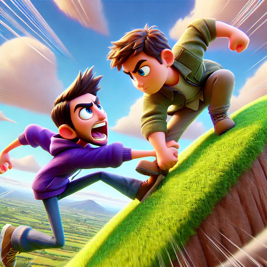 Two characters in a Pixar-like style, competing for dominance over a hill. One character is trying to push the other off the peak, both determined and expressive, with dynamic action poses. The hill is steep, and the sky is vibrant with clouds, adding to the intensity of the scene. The characters have distinct cartoonish features, such as exaggerated facial expressions and slightly rounded bodies. The environment is colorful and slightly stylized, evoking the adventurous, light-hearted tone often seen in Pixar films.