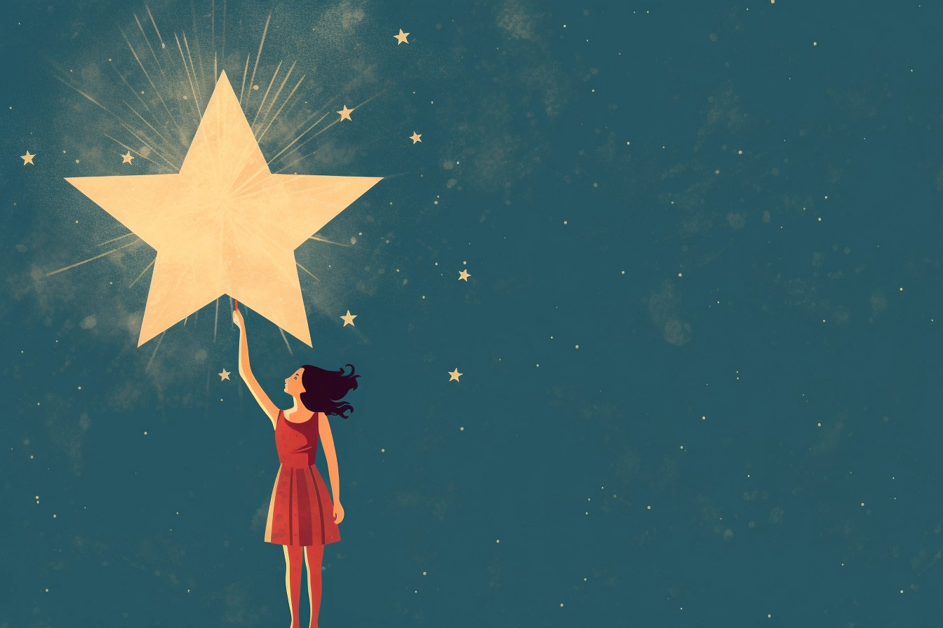 An illustration of woman poking at a large five point star against a dark teal background.