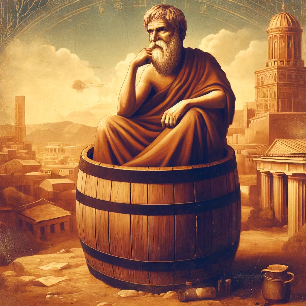 A philosophical and artistic book cover for an article titled 'Lecciones De Diógenes El Cínico Para Nuestro Tiempo'. The cover features an image of Diogenes in his barrel, looking content and wise, with a cityscape in the background representing ancient Greece. Diogenes is depicted as a rugged, bearded old man, wearing simple clothing, and sitting confidently inside his barrel. The atmosphere is serene, reflecting his philosophy of simplicity and independence. The text of the title and subtitle is elegantly overlaid on the top in a classical font, with warm earthy tones dominating the color palette to evoke a sense of antiquity and wisdom.