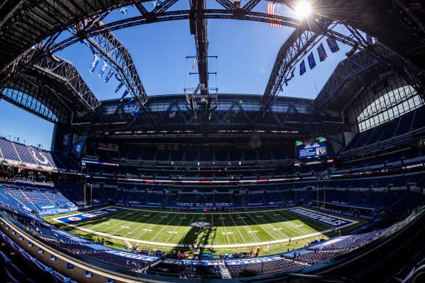 The sun shines through the open roof before the game between the Indianapolis Colts and the Minnesota Vikings at Lucas Oil Stadium on September 20,...