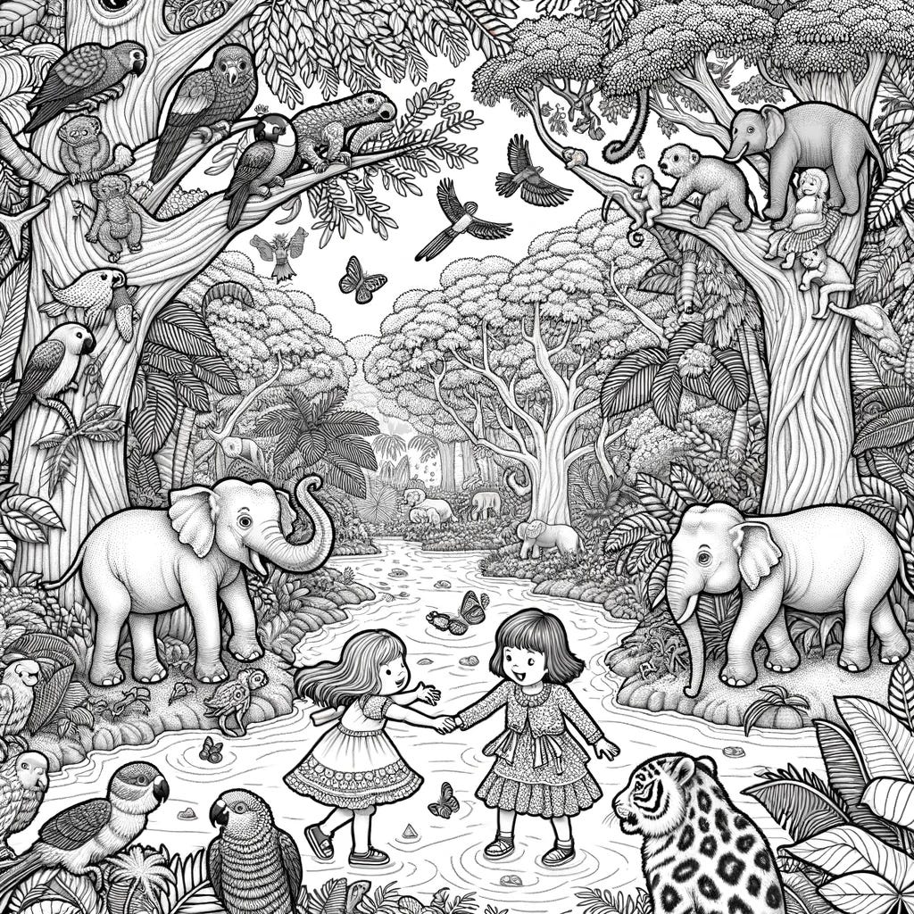Illustration of a beautifully intricate coloring book page depicting a dense jungle. A 4-year-old girl and a 2-year-old girl are playfully interacting with a variety of animals. Surrounding them are trees with detailed leaves, a river flowing, and animals like monkeys, parrots, elephants, and tigers watching the girls with curiosity.