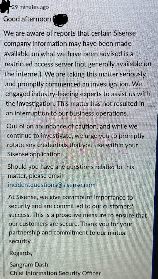 Sisense email to customers