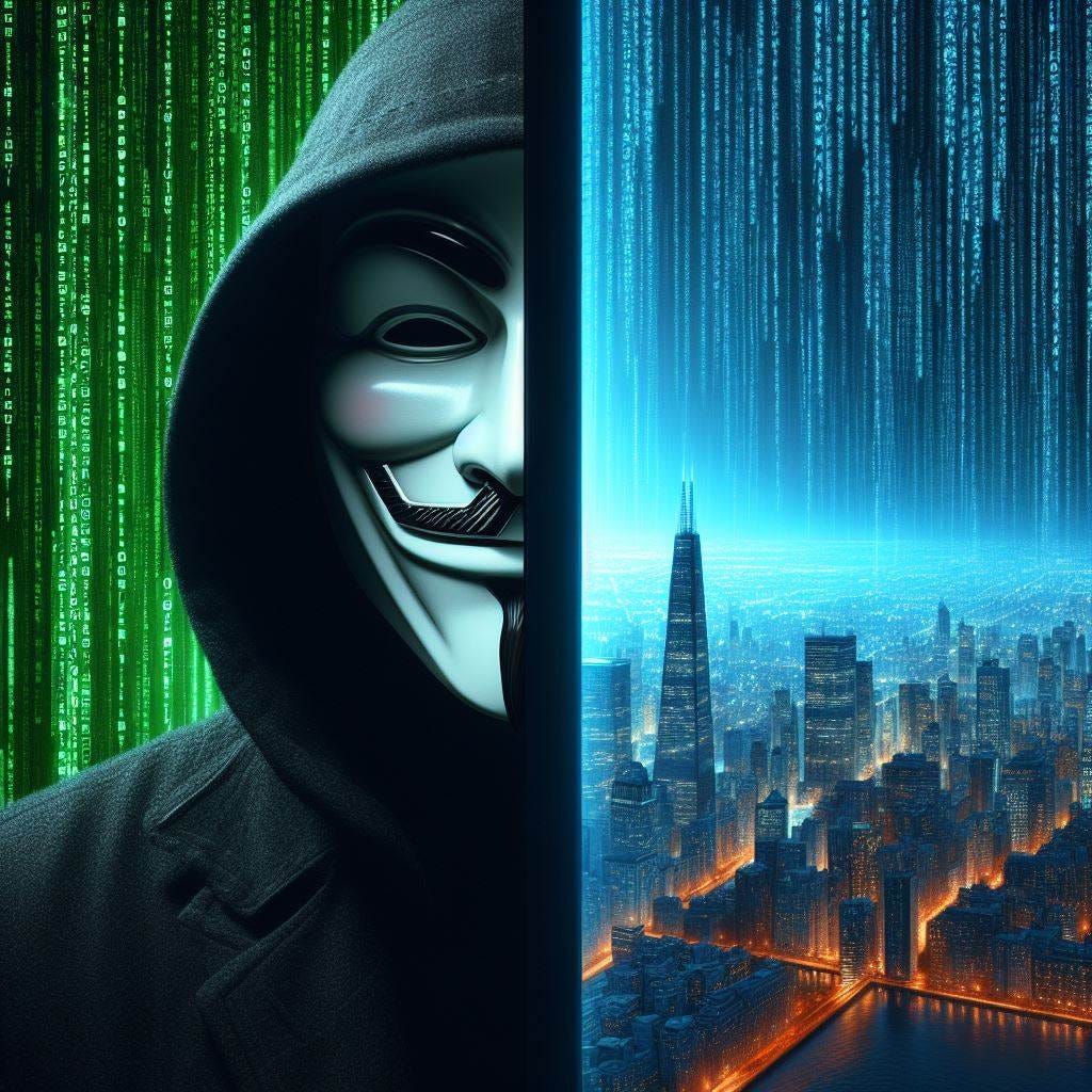 On the left side, a man in a mask like Anonymous or V for Vendetta, with a background of menacing green glowing code. A vertical black line divides the left side from the right side. On the right side, a gentle, glowing blue set of code with a thriving city that looks beautiful underneath it.