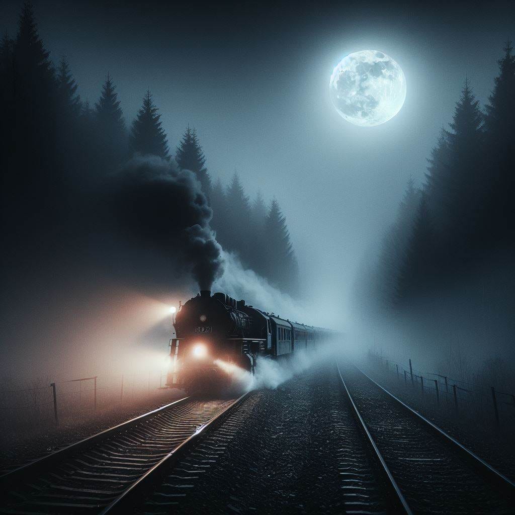 An old steam locomotive pulling away into the distance, seen as it departs into the distance.  it is night time, and a dense fog obscures the tracks not far in the distance. The moon is barely visible, with a halo around it. The train is moving away from the viewer into the fog. 