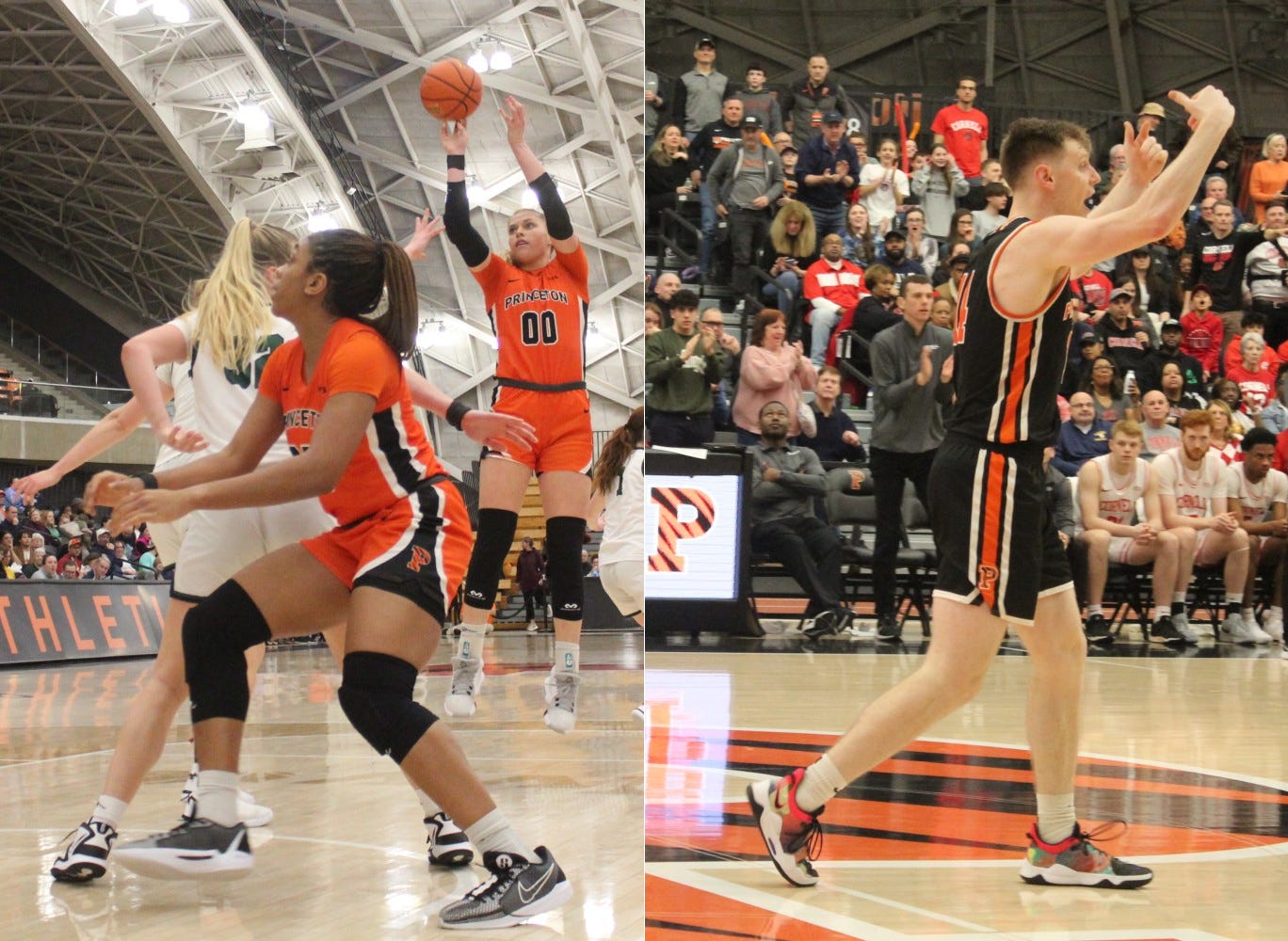 Left: Ellie Mitchell (00) makes a shot while Chet Nweke boxes out during Princeton’s win over Dartmouth. Right: Matt Allocco calls to teammates during Princeton’s win over Cornell. (Photos by Adam Zielonka)