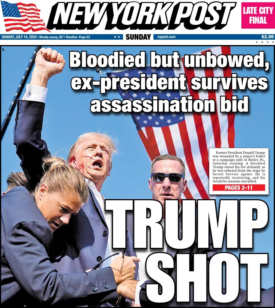 NY Post front page for July 14, 2024 - "Trump Shot"