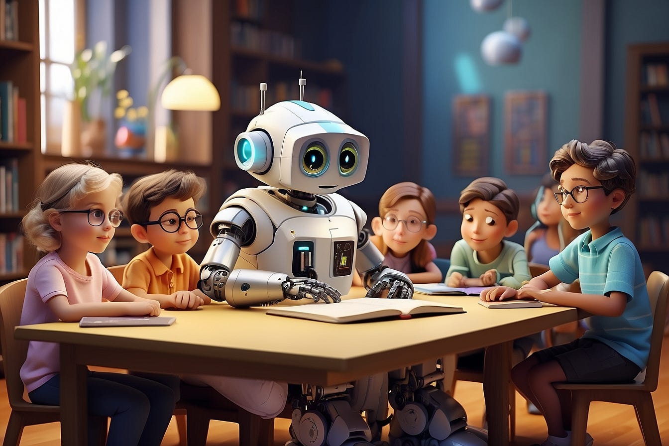 A wise and gentle robot, sitting in a cozy library with a group of children gathered around, eagerly listening to its lessons on science and technology.