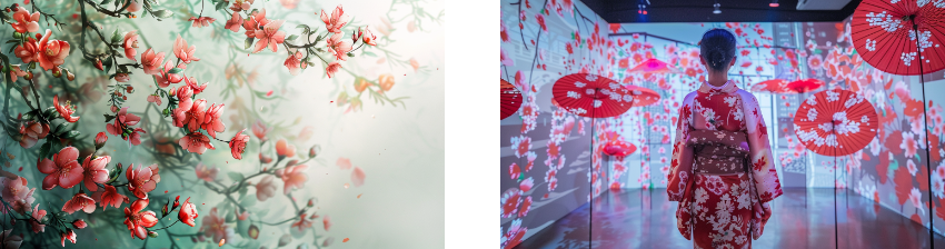 Close-up of bright red flowers blooming on branches against a soft background, paired with an art installation featuring a woman in a kimono walking through a corridor adorned with red umbrellas and cherry blossoms.