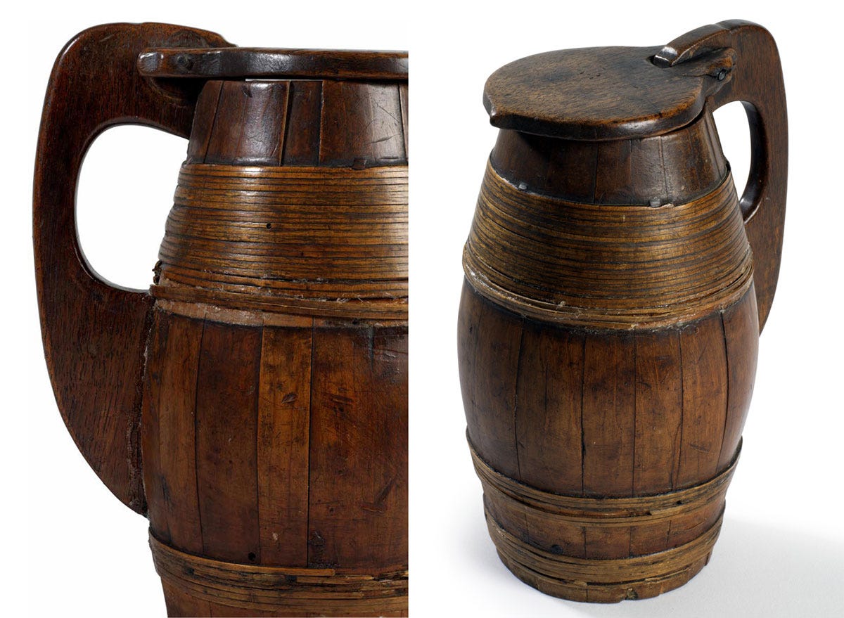 Two images side by side showing different views of a 17th Century wooden beer mug Two images side by side showing different views of a 17th Century wooden beer mug
