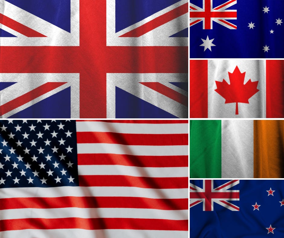 Flags of English-speaking countries. The UK, the USA, Australia, Canada, Ireland and New Zealand.