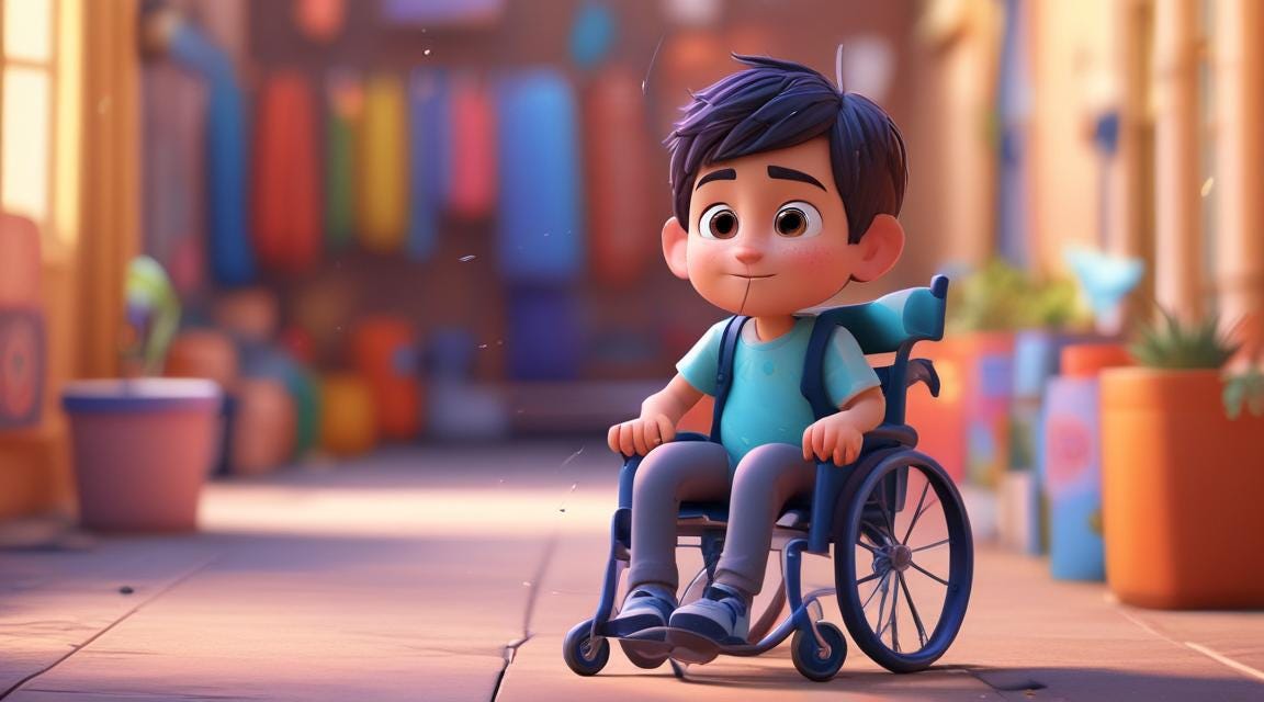 A computer-generated cartoon of a black-haired boy in a manual wheelchair in a hallway.