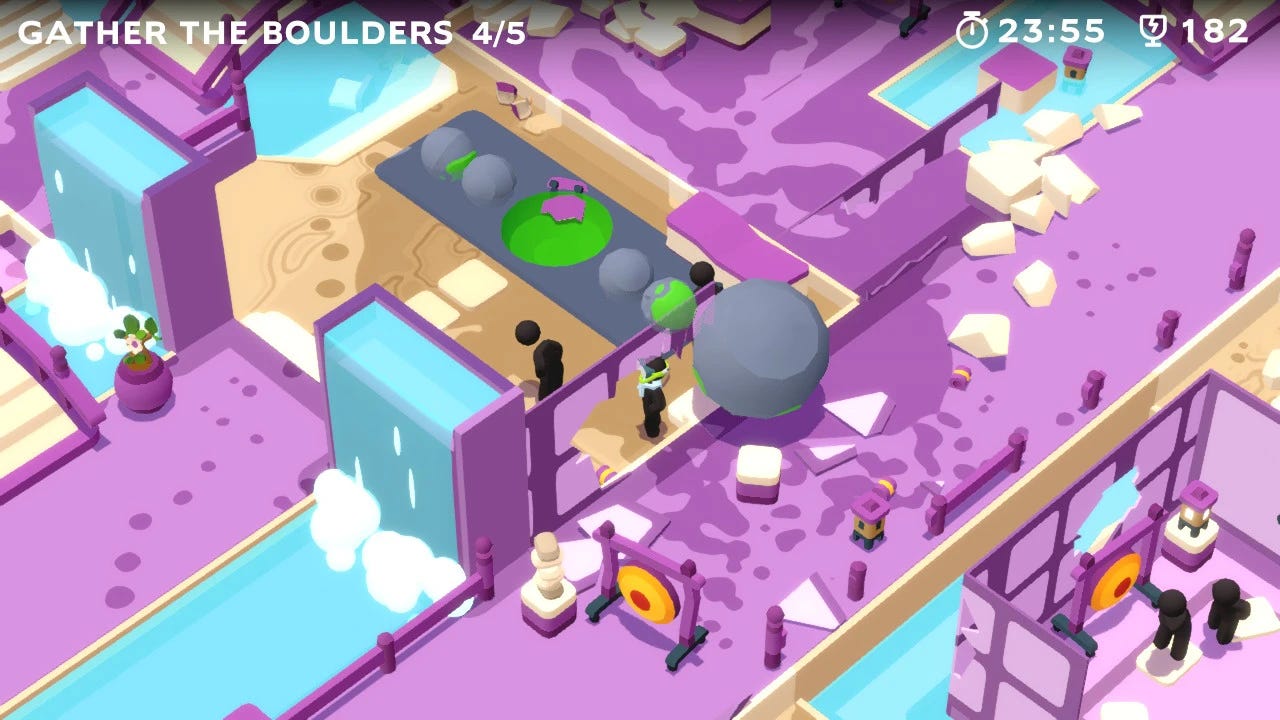 Destroyed Meditation Center A purple office has shattered bots, a giant spherical bolder next to a serene waterfall.