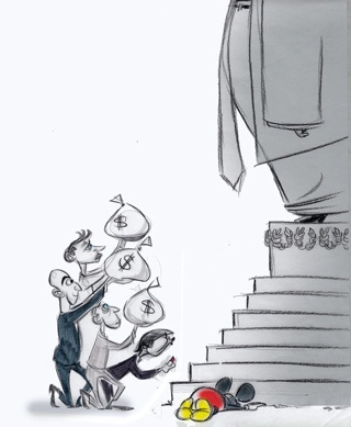 A cartoon of a person carrying money bags

Description automatically generated