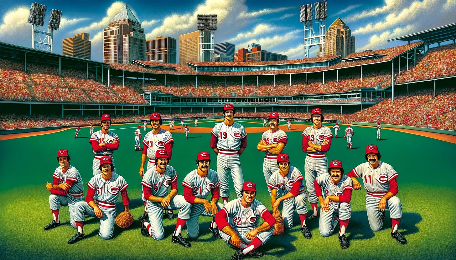 A vibrant and detailed depiction of the 1972 Cincinnati Reds baseball team gathered on the field at Riverfront Stadium. The image captures the team in their classic uniforms, posing confidently with the stadium filled with fans in the background. The day is sunny, highlighting the lush green of the outfield and the rich red of the players' uniforms. In the foreground, key players are positioned prominently, showcasing their athleticism and team spirit. The stadium's distinctive architecture and the excitement of a game day atmosphere are evident, creating a nostalgic and dynamic scene of this iconic team in their prime.